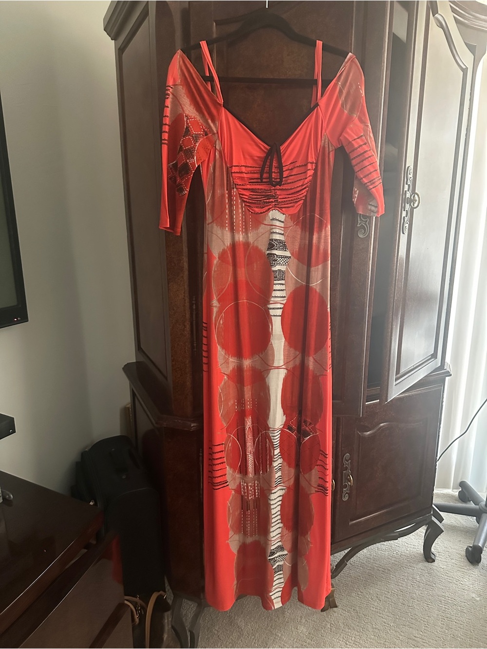 Save The Queen Red Off-Shoulder Maxi Dress with Graphic Circles